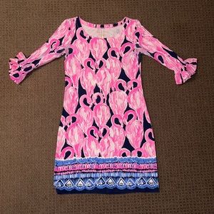 LILLY PULTIZER SOPHIE RUFFLE HIGH TIDE NAVY FLAMINGO DRESS